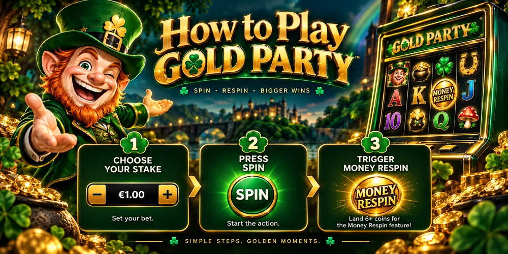 How to Play Gold Party cartoon guide with leprechaun, slot machine and Money Respin steps