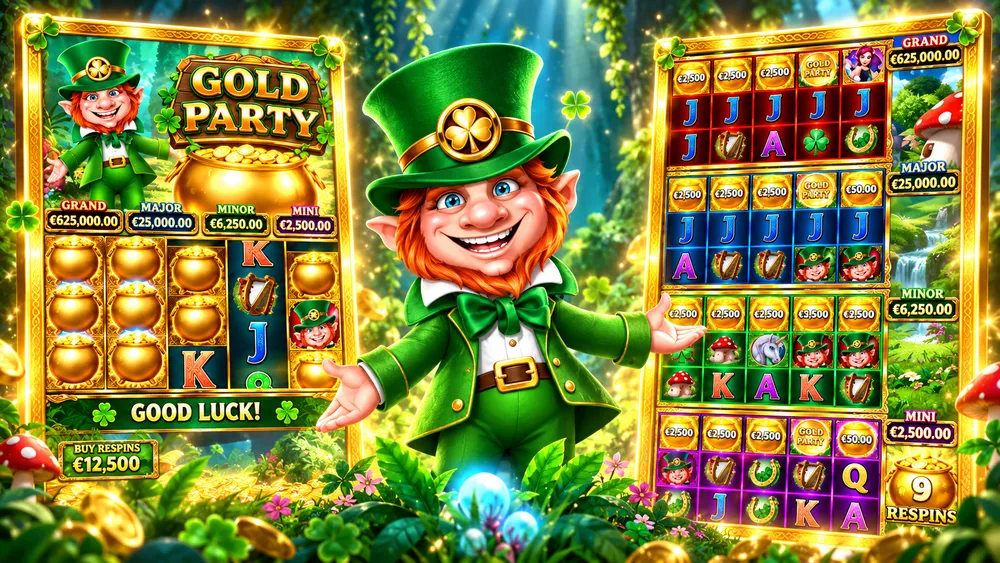 Gold Party slot game with leprechaun, reels and Money Respin feature