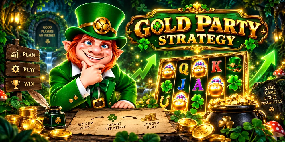 Gold Party strategy guide with leprechaun, slot reels and planning symbols