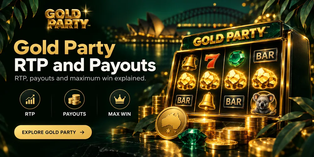 Gold Party RTP and payouts with slot reels, coins and maximum win symbols