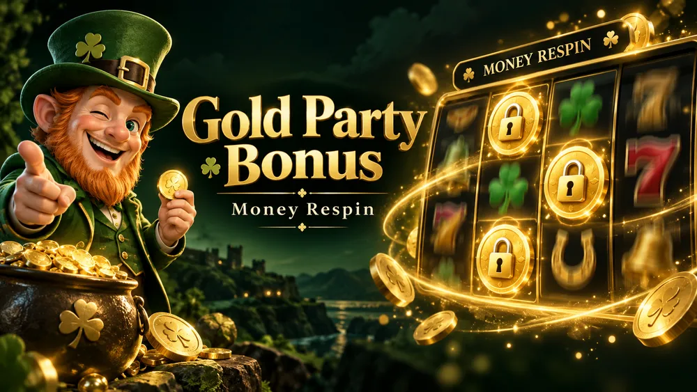 Gold Party bonus artwork showing the Money Respin feature and golden slot symbols
