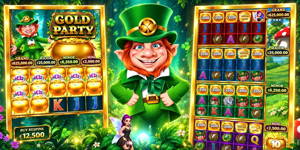Gold Party slot game with leprechaun, jackpot reels and bonus symbols
