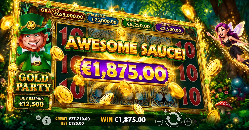 Gold Party bonus win screen with jackpot reels and leprechaun
